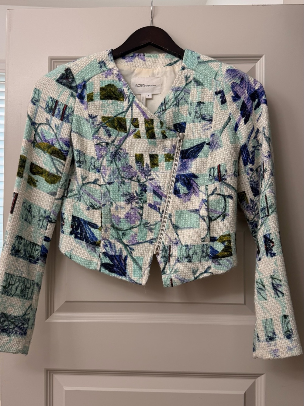 BCBGeneration Mint and Blue Floral Cropped Tweed Jacket